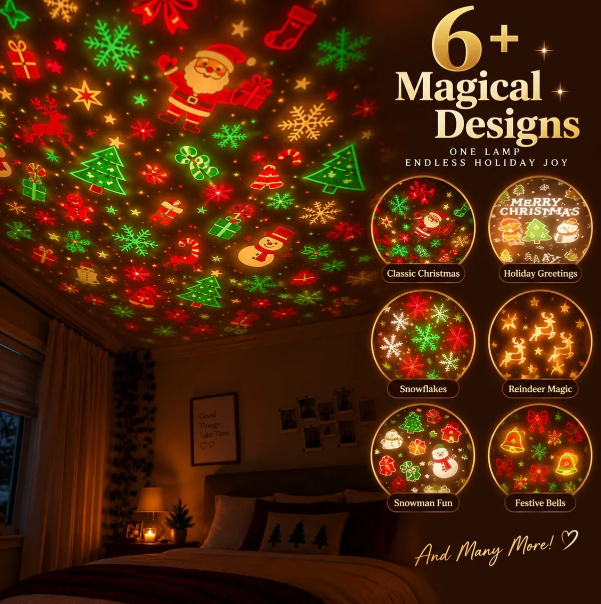 Bedroom ceiling covered in projected Santa, trees and snowflakes, with six design options