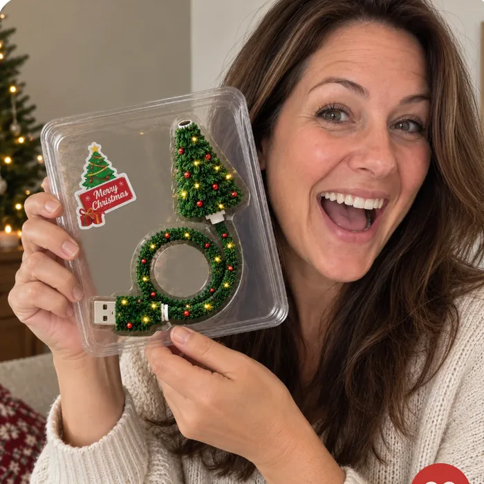 Customer smiling while holding the projector in its clear packaging